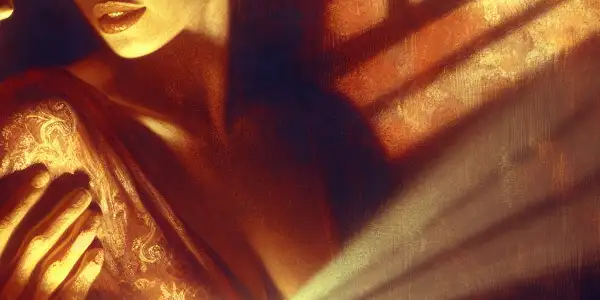 An intimate scene of a man and woman conveying longing and conflict, illuminated by warm lighting and cinematic elements.