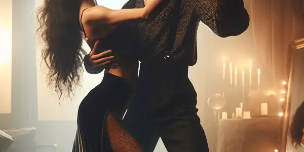 A couple passionately dancing in a cozy, softly lit room, exuding romance and intimacy.