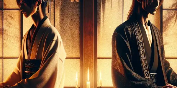 A dimly lit Japanese room featuring two characters representing gentleness and brutality, surrounded by contrasting decor and cherry blossoms.