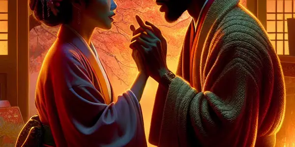 A tender moment between two characters in a cozy, warmly lit room, symbolizing emotional connection and intimacy.