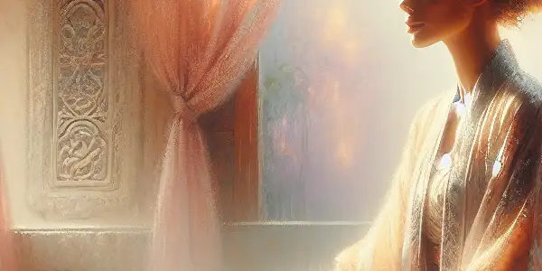 A serene female character in a softly lit room, embodying calm acceptance amidst an intimate and passionate backdrop.