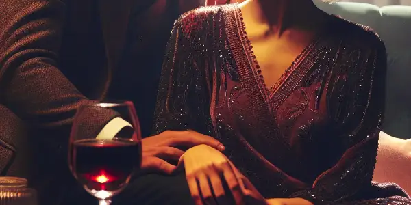 A romantic couple sharing an intimate moment in a luxurious, dimly lit room with elegant decor and soft lighting.