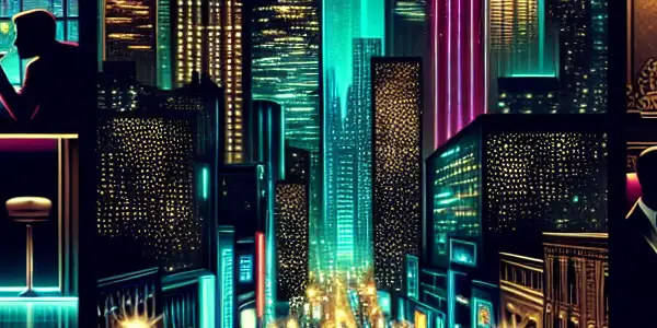 A vibrant urban nightlife scene featuring three vignettes of romance, intrigue, and desire among stylish characters.