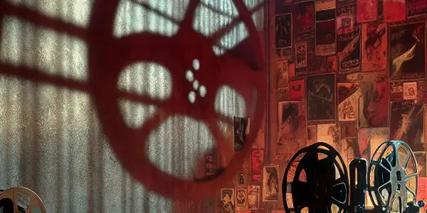 A contemplative figure in a dim room surrounded by film reels and posters, symbolizing the censorship of erotic movies in China.