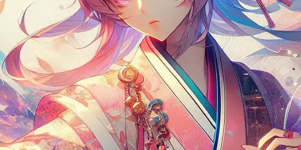 A captivating anime character in a whimsical, dream-like setting, surrounded by cherry blossoms and ethereal light.