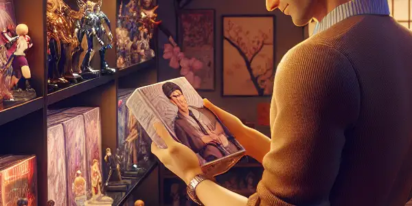 A cozy Japanese boutique showcasing erotic figurines and adult films, with a male customer browsing.