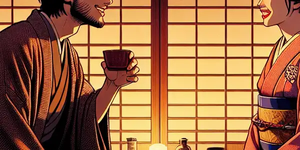 A cozy, romantic room featuring a couple amidst cherry blossoms, blending traditional Japanese decor with film elements.