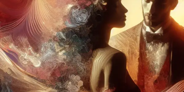 A romantic scene featuring two characters in an intimate pose, surrounded by symbols of desire and allure.