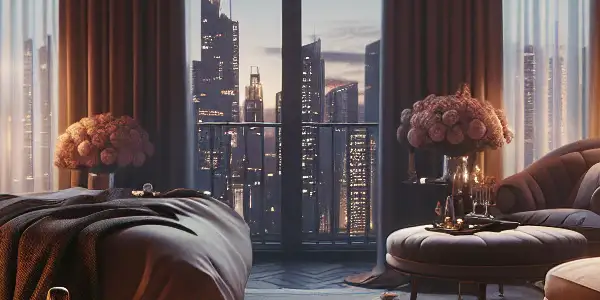 A luxurious hotel room at dusk, adorned with romantic details like champagne, rose petals, and elegant shoes.