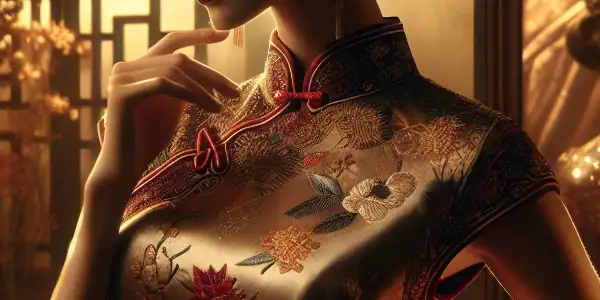 A striking woman in a luxurious embroidered qipao poses elegantly in an intimate, tastefully decorated room.