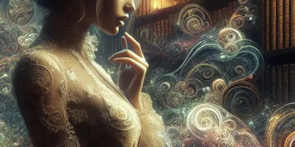 A mysterious library with a contemplative woman reaching for a forbidden book amid swirling colors and shadows.