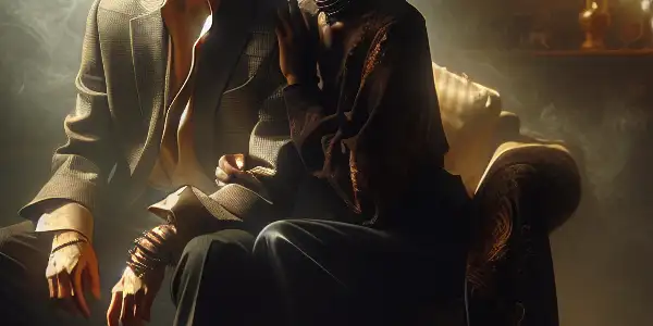 A couple in a cozy, dimly lit room engages in a passionate, introspective conversation amidst books on ethics.