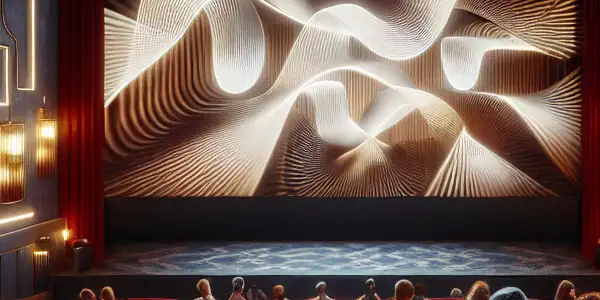 A modern cinema filled with diverse patrons, an illuminated screen, and luxurious decor, evoking intrigue and excitement.