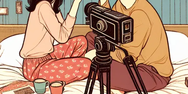 A cozy bedroom scene featuring two adults playfully interacting, captured by a vintage camera in warm, inviting lighting.