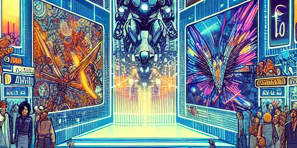 A futuristic digital marketplace showcasing diverse adult content with shoppers browsing on high-resolution screens.