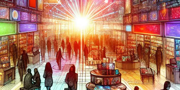 A futuristic digital marketplace showcasing diverse individuals exploring high-definition adult films with neon lights and holographic displays.