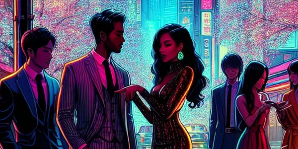 A stylish couple converses in a neon-lit Japanese urban nightscape, surrounded by colorful billboards and cherry blossoms.