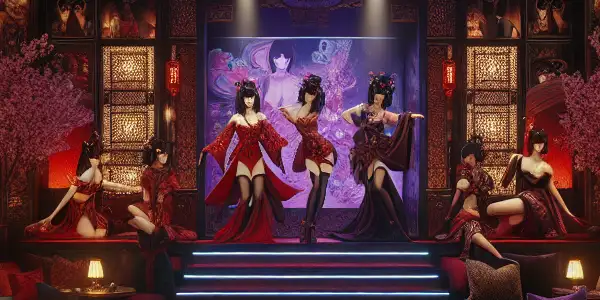 A luxurious adult entertainment venue in Prague featuring performers in elegant costumes and a blend of cultural influences.