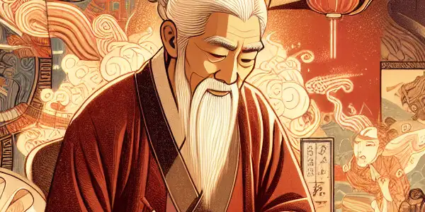 A Chinese writer creates erotic narratives, surrounded by scrolls, books, and symbols of the adult film industry.