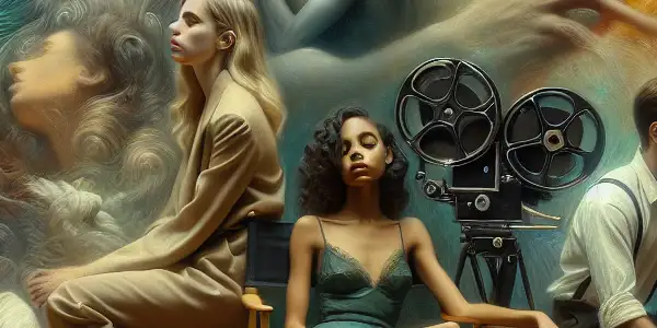 A dimly lit film set featuring diverse actors in a dramatic scene, evoking intimacy and emotional depth.