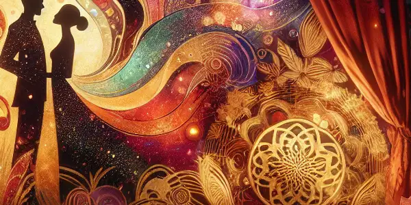 An intimate, luxurious room featuring abstract silhouettes of couples, evoking sensual exploration and connection.