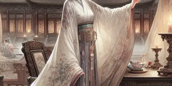 A young Wu Zetian in an imperial palace, embodying power and allure amidst cherry blossoms and candlelight.