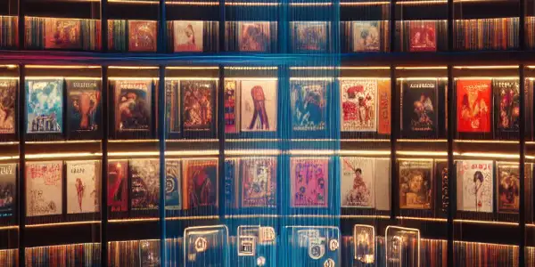 A modern digital library showcasing vibrant adult film covers with a high-tech interface and an intriguing, elegant atmosphere.