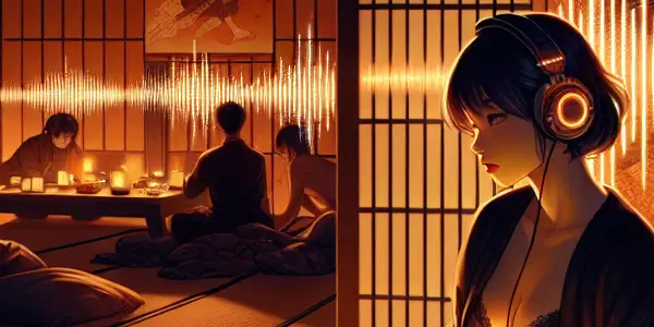 A young Asian adult immersed in an intimate audio experience, surrounded by warm lighting and Japanese decor.