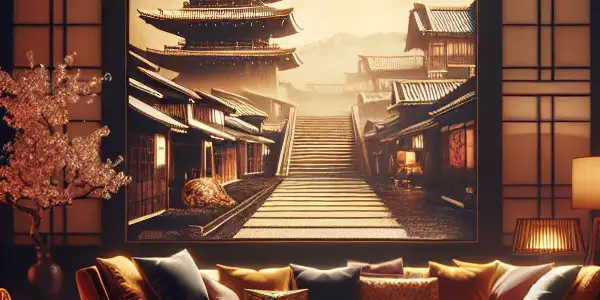 A luxurious Japanese-inspired room showcasing vintage film reels and a screen displaying a classic adult film scene.