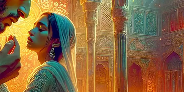 A passionate couple sharing an intimate moment, set against a dreamy, romantic backdrop with traditional Korean elements.