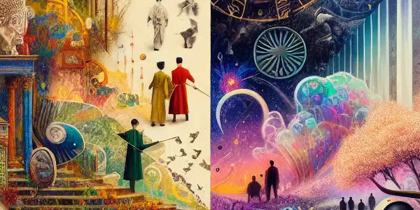 A split scene contrasting vibrant European and minimalist Japanese film sets, showcasing the evolution of erotic cinema.