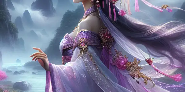 A young hero in ornate robes performs a mystical ritual amidst ethereal mountains and blooming cherry blossoms.