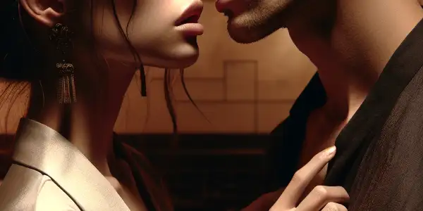 Two characters in a passionate embrace, sharing an intimate moment before a kiss in a softly lit, romantic setting.